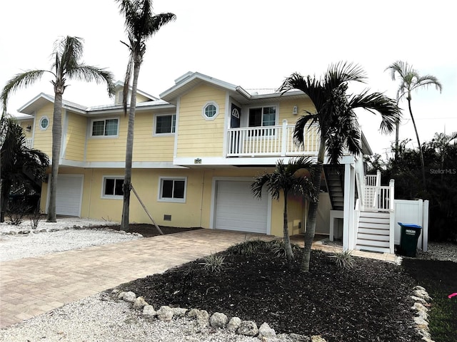 view of front of house featuring an attached garage, stairs, decorative driveway, and stucco siding