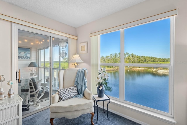 living area featuring a water view, baseboards, and a textured ceiling