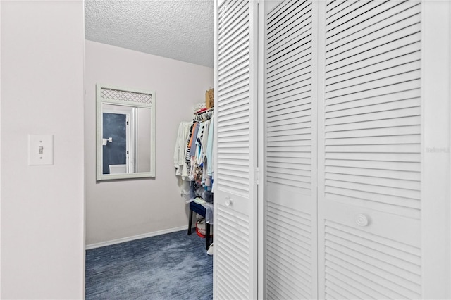 walk in closet with dark colored carpet