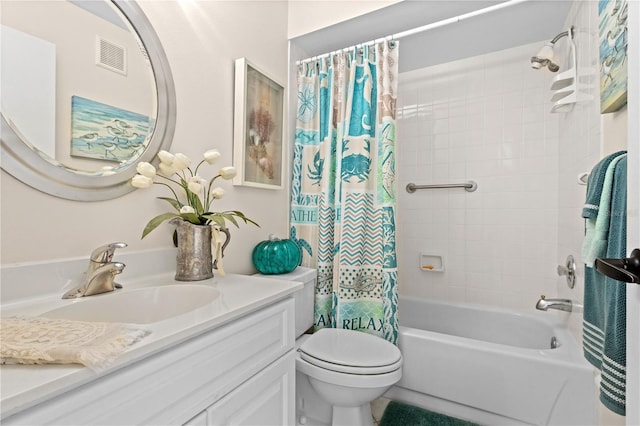 bathroom with toilet, vanity, visible vents, and shower / tub combo with curtain