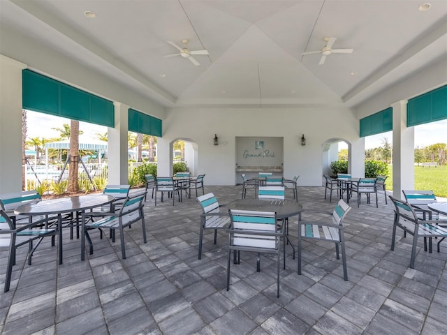 view of patio with ceiling fan, outdoor lounge area, and outdoor dining space