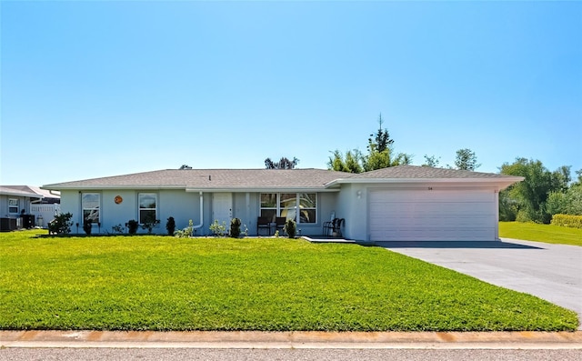 single story home with concrete driveway, a front lawn, an attached garage, and stucco siding