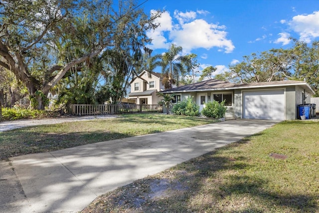 view of front of house featuring a fenced front yard, a garage, concrete driveway, stucco siding, and a front yard