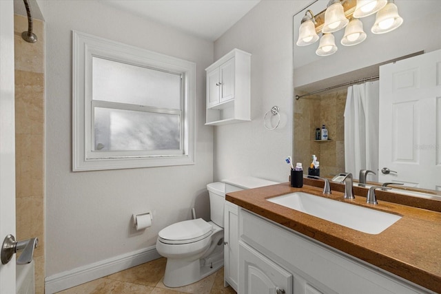 full bath with baseboards, toilet, a shower with curtain, tile patterned flooring, and vanity