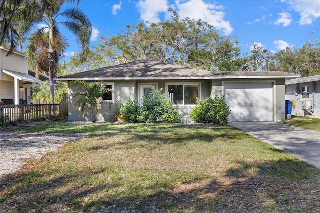 single story home with driveway, a garage, stucco siding, fence, and a front yard