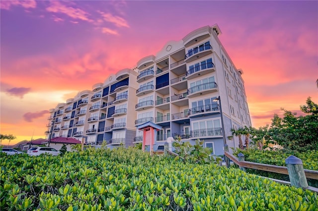 view of property at dusk