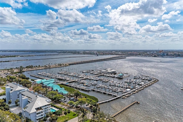 drone / aerial view featuring a water view