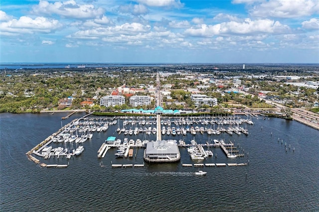 birds eye view of property featuring a water view