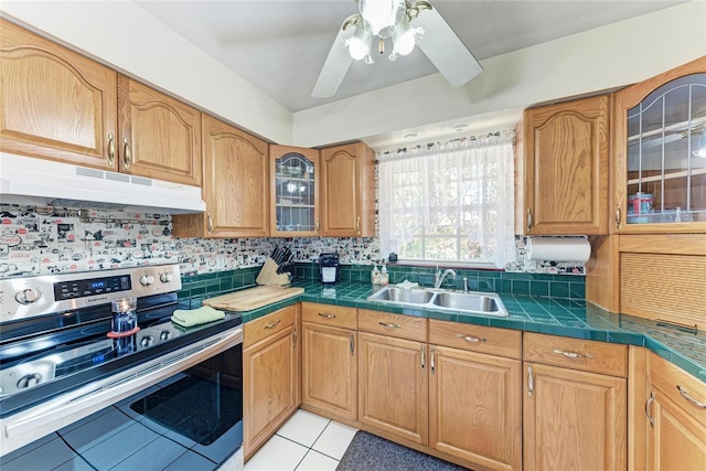 kitchen with tasteful backsplash, electric stove, glass insert cabinets, under cabinet range hood, and a sink