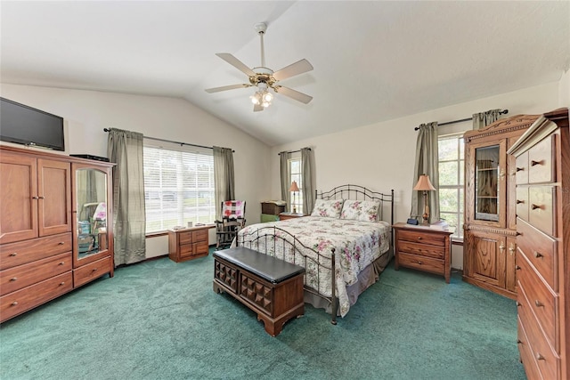 bedroom with lofted ceiling, carpet floors, and ceiling fan