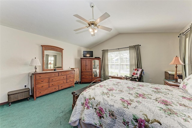 carpeted bedroom with multiple windows, vaulted ceiling, and ceiling fan