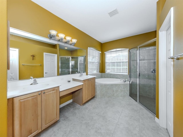 bathroom with two vanities, a sink, visible vents, and a shower stall