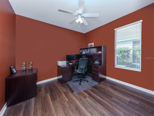 office with a ceiling fan, baseboards, and wood finished floors