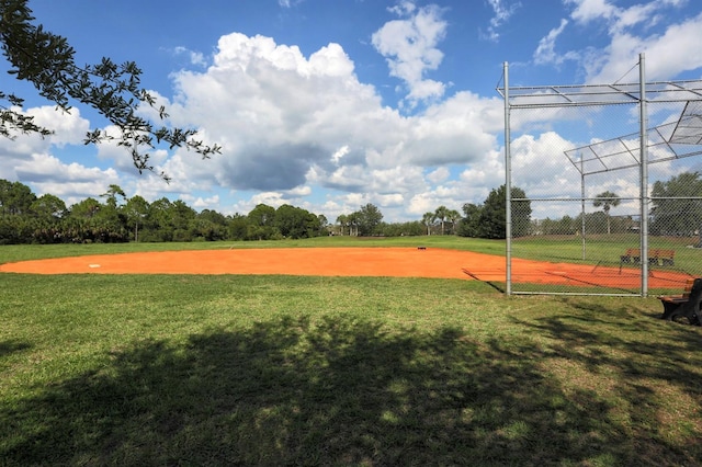 view of property's community with a lawn and fence