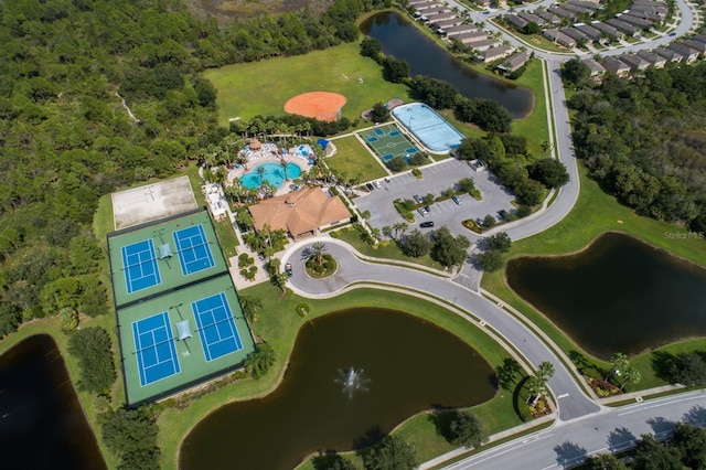 drone / aerial view with a water view