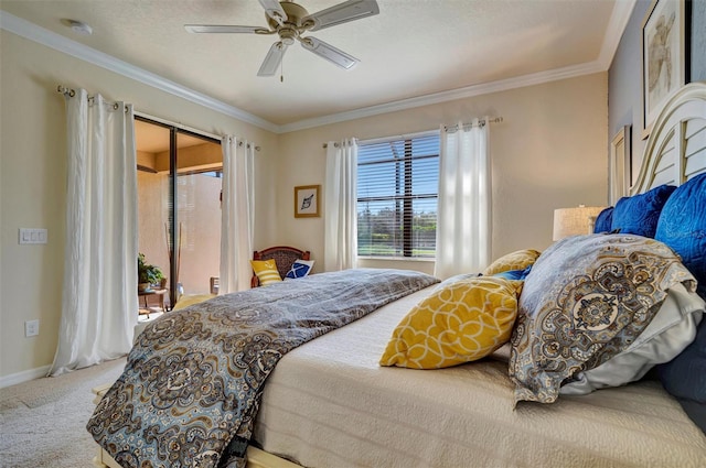 bedroom featuring a textured ceiling, carpet flooring, baseboards, access to outside, and ornamental molding