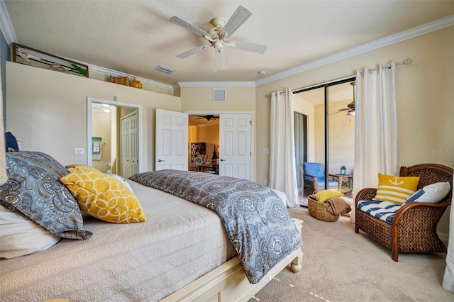 bedroom featuring access to exterior, carpet, visible vents, and ornamental molding