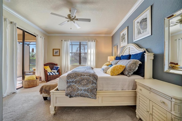 bedroom with a ceiling fan, access to exterior, crown molding, a textured ceiling, and carpet flooring