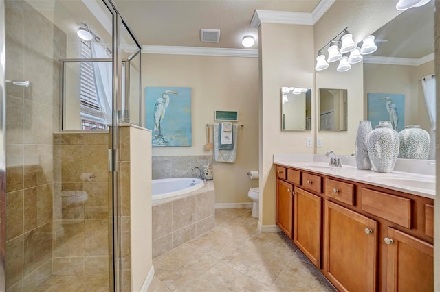 bathroom with crown molding, a shower stall, toilet, and a bath