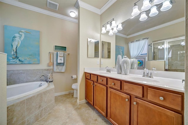 bathroom featuring a garden tub, visible vents, ornamental molding, a stall shower, and a sink