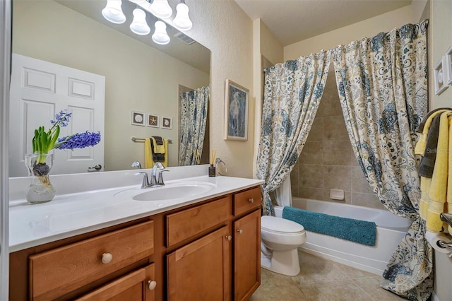 bathroom with tile patterned flooring, toilet, shower / tub combo, vanity, and visible vents