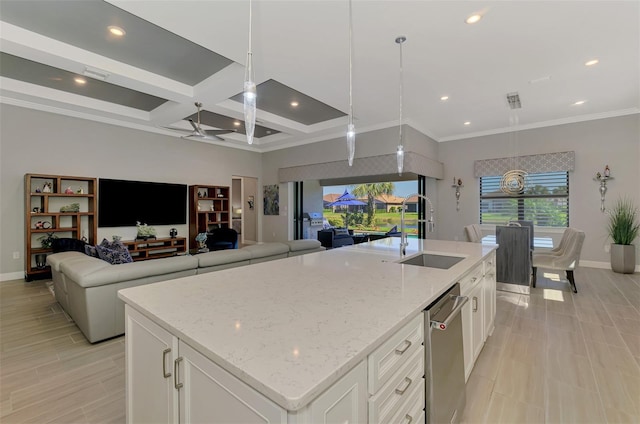 kitchen featuring open floor plan, a sink, coffered ceiling, dishwasher, and baseboards