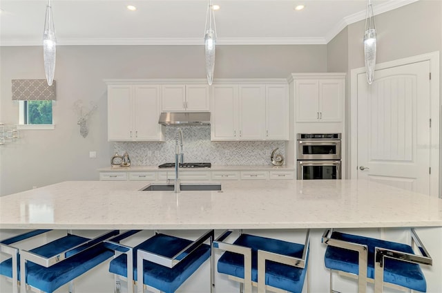 kitchen with decorative backsplash, appliances with stainless steel finishes, crown molding, under cabinet range hood, and a sink