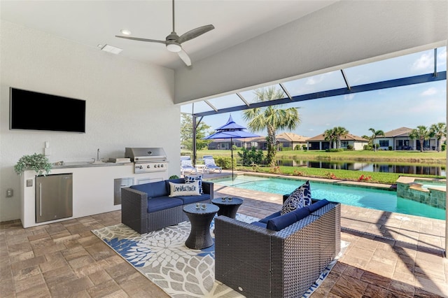 view of patio featuring visible vents, an outdoor kitchen, grilling area, a lanai, and outdoor lounge area