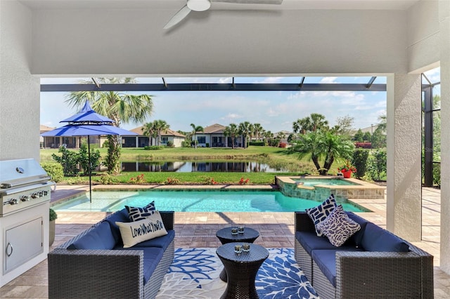 view of pool featuring area for grilling, glass enclosure, a patio, and a water view