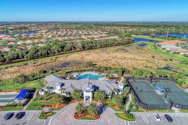 bird's eye view with a water view