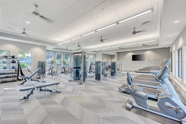 gym with recessed lighting, visible vents, and light colored carpet