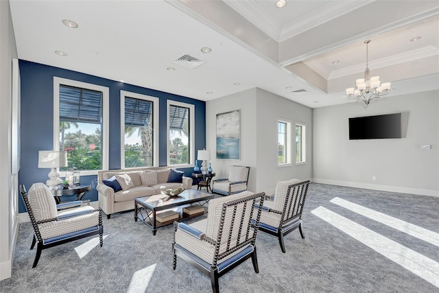 living area featuring light carpet, baseboards, visible vents, ornamental molding, and a chandelier