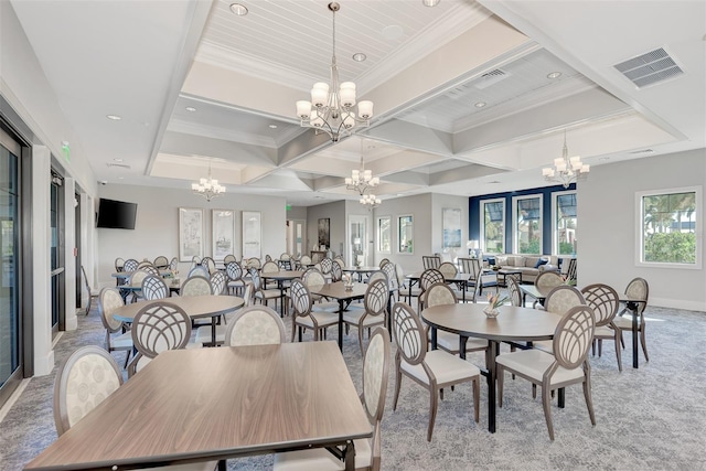 dining space featuring beam ceiling, visible vents, an inviting chandelier, ornamental molding, and coffered ceiling