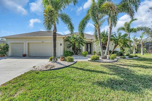 view of front facade with a garage, a front yard, concrete driveway, and stucco siding