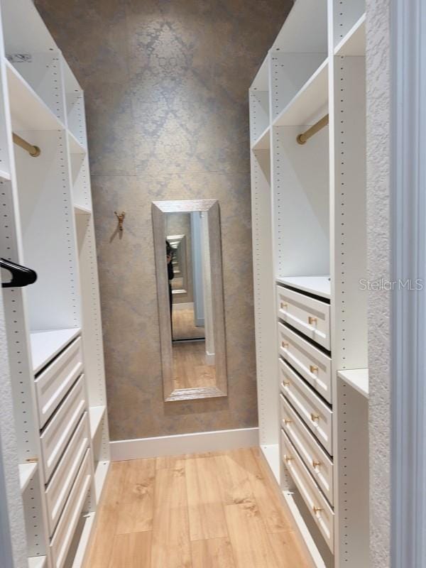 walk in closet with light wood-style flooring