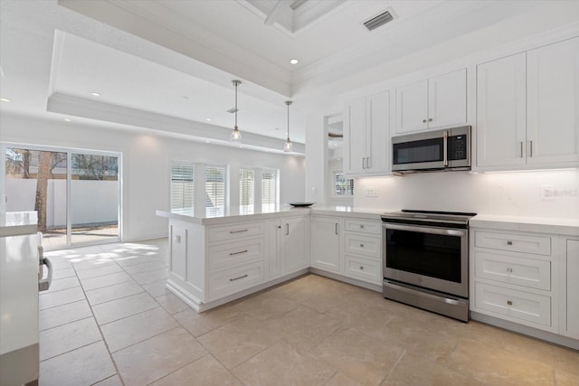 kitchen featuring a tray ceiling, stainless steel appliances, a peninsula, white cabinets, and light countertops