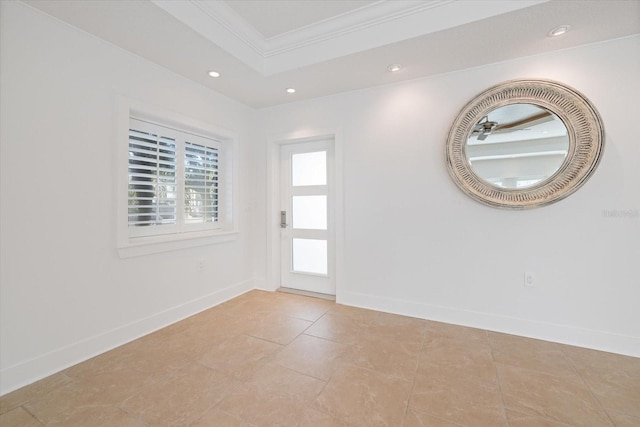 foyer featuring baseboards, a tray ceiling, ornamental molding, light tile patterned floors, and recessed lighting