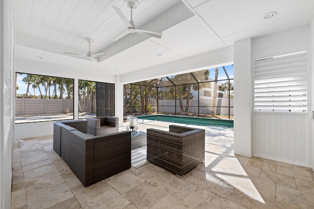 exterior space featuring a ceiling fan, an outdoor living space, a fenced backyard, glass enclosure, and a fenced in pool