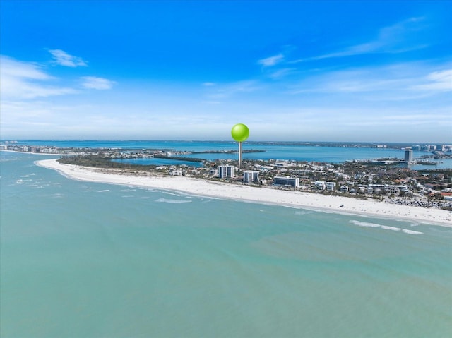 bird's eye view with a view of the beach and a water view