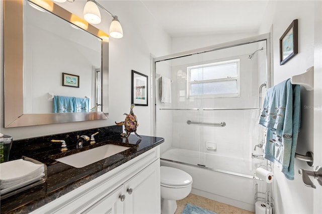 bathroom with toilet, enclosed tub / shower combo, tile patterned flooring, vaulted ceiling, and vanity