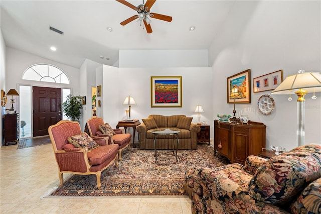 tiled living area with ceiling fan, high vaulted ceiling, visible vents, and recessed lighting