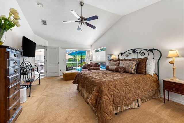 bedroom with access to exterior, visible vents, high vaulted ceiling, and light colored carpet