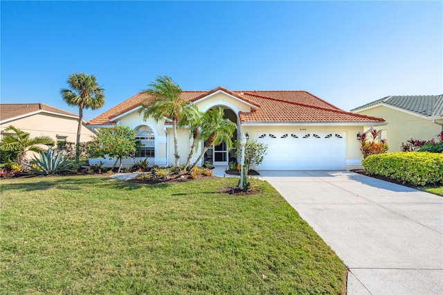 view of front facade featuring a tile roof, stucco siding, a garage, driveway, and a front lawn