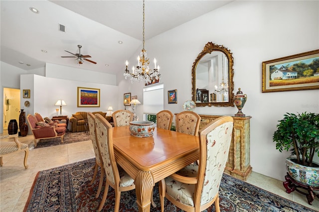 tiled dining room with baseboards, recessed lighting, visible vents, and a ceiling fan