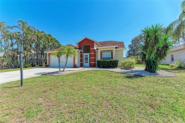 ranch-style home with a garage, a front yard, concrete driveway, and stucco siding