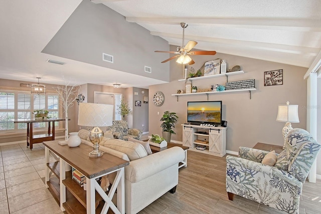 living room with lofted ceiling with beams, ceiling fan, visible vents, and baseboards