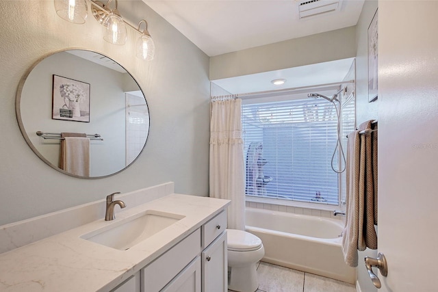 full bath featuring shower / bath combo, visible vents, toilet, tile patterned flooring, and vanity