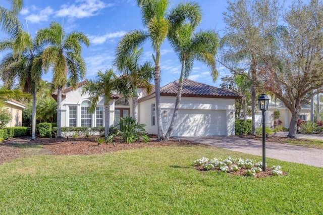 mediterranean / spanish-style house featuring a garage, decorative driveway, a front lawn, and stucco siding