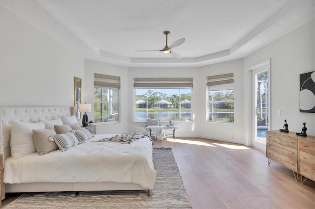 bedroom featuring access to outside, wood finished floors, multiple windows, and a raised ceiling