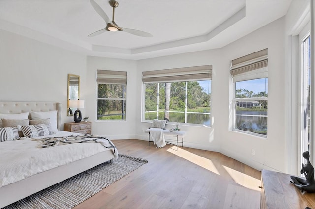 bedroom featuring a tray ceiling, multiple windows, wood finished floors, and baseboards